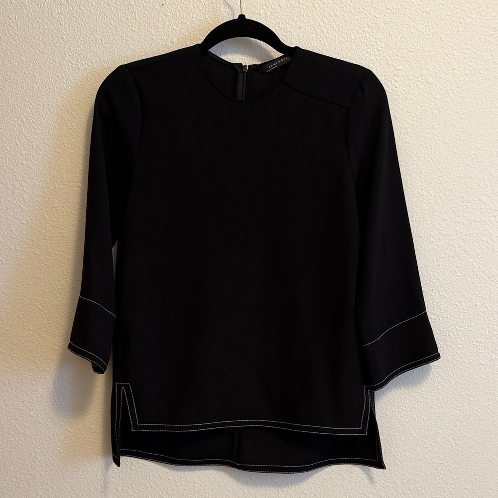 Zara Black Blouse with White Stitching